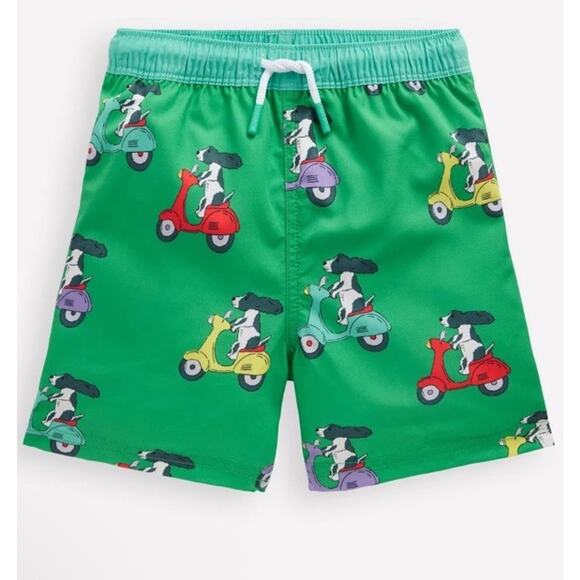 MINI BODEN Kids' Print Swim Trunks In Green Puppy Scooter Sz 7/8 NWT - Picture 1 of 11